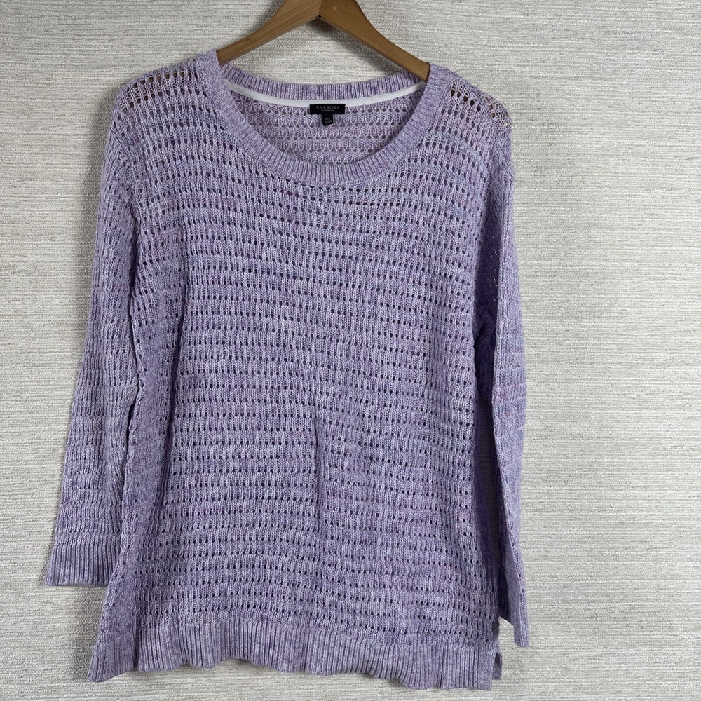 Talbots Plus Petite 1XP Purple Open Knit Sweater 3/4 Sleeve 100% Cotton